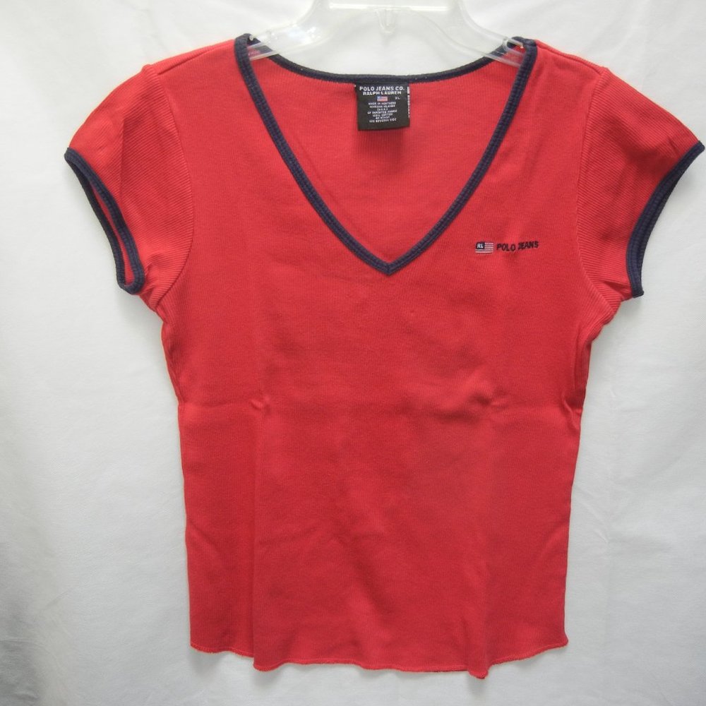 Y2K 90s Polo Ralph Lauren Womens XL Short Sleeve V Neck Shirt Logo Vintage Retro